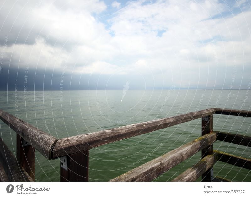 should I stay or ... Environment Nature Water Sky Clouds Horizon Beautiful weather Waves Baltic Sea Ocean Sea bridge Bridge railing Wood Longing Homesickness