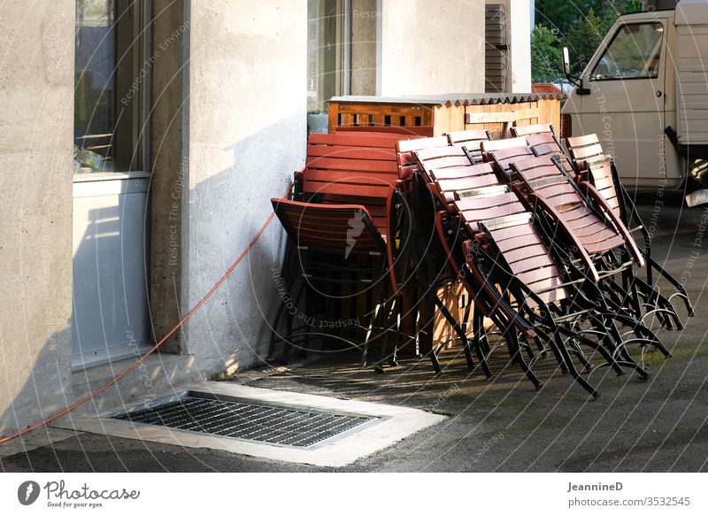 Folding chairs waiting for guests lockdown Deserted Restaurant Closed Tourism Gastronomy Empty Loneliness Roadhouse patience endure Wait Insecure Table