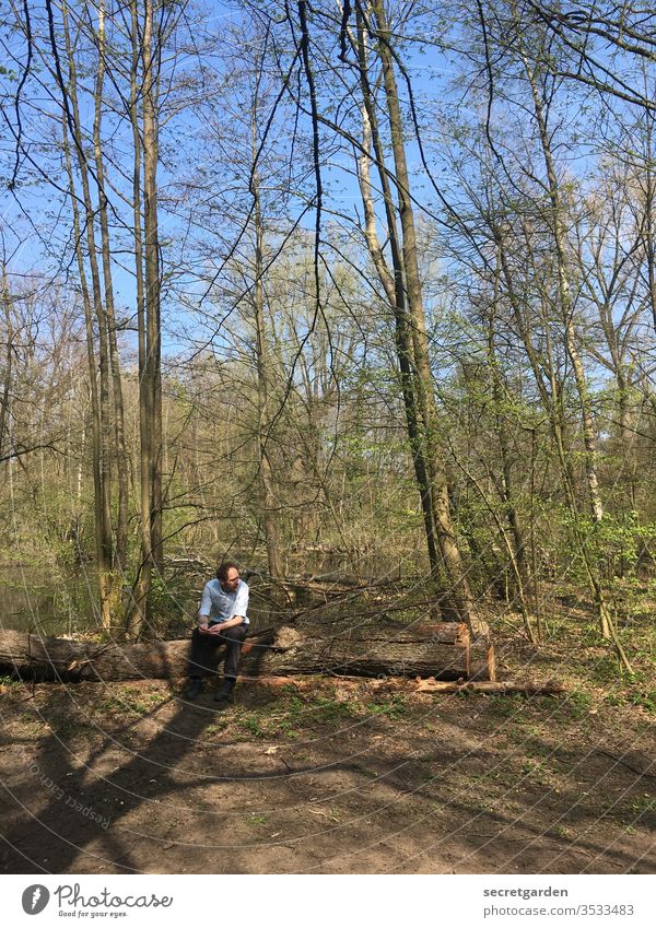 The shadow of itself Man masculine Shadow Summer Hot Tree trunk rest To enjoy smoking break Smoking Forest Nature Nature reserve Exterior shot Colour photo Day