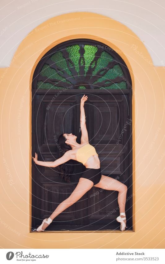 Ballerina dancing near ornamental door woman dance ballet grace concept building young slim female elegant arm raised exterior ballerina perform dancer move