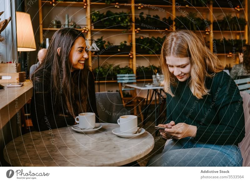 Female friends resting in cozy cafe women laugh together coffee smartphone using joke casual weekend young meeting restaurant drink cup beverage coffee shop