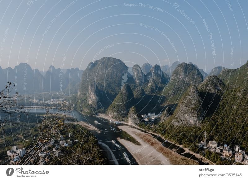 View of karst mountains and the river Li in Guilin, China Guilin Mountains karst landscape River Li Asia Panorama (View) Vantage point vantage point River bank