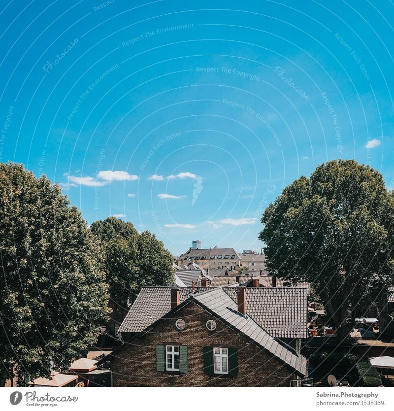 View over the roofs of Ludwigshafen with a cloudless sky outlook Architecture Deserted Colour photo Town Exterior shot Copy Space top Wide angle