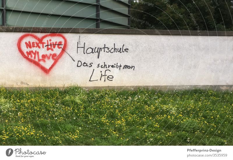 Wall with graffiti - Red heart with text in English - including correction in black Wall (barrier) Graffiti Education Spelling Level