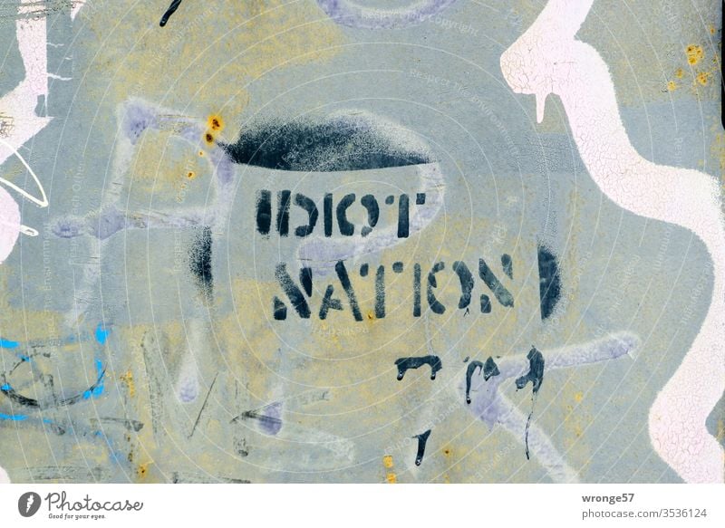 Idiot Nation - Graffito on a house wall II spray Spray Colour Stencil technology Graffiti Wall (building) Colour photo Deserted Day Wall (barrier) Exterior shot