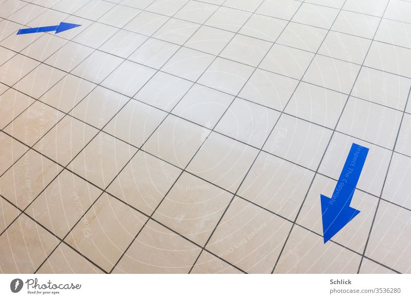 Coronakrise two blue arrows on light-coloured tiles point in different directions on the floor corona corona crisis Arrow Ground Directions diverse Blue Gray