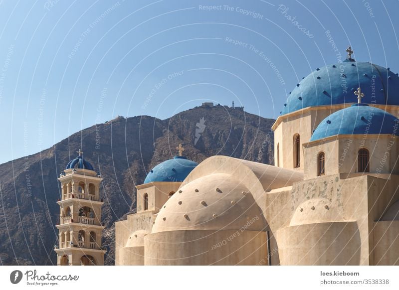 Church of the Holy Cross with mountain in the background, Perissa, Santorini, Greece Dome perissa Sky religious religion Christianity Greek Architecture built