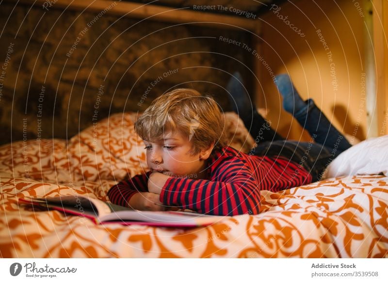 Serene boy reading book on bed at home child fairytale dreamy enjoy story cantabria spain kid childhood free time hobby serene tranquil calm quiet lying bedroom