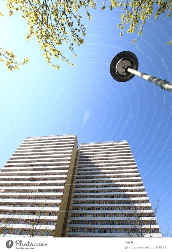 Plattenbau, high-rise building photographed from below Berlin Blue Town House (Residential Structure) Architecture Modern Apartment Building Flat (apartment)