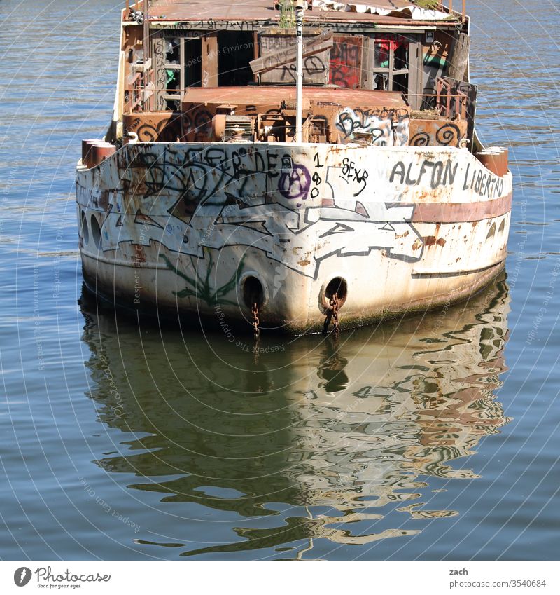 Shipwreck in the water of the Spree Town Blue Waves Art reflection Reflection Mirror image Water Berlin Navigation boat Wreck ship River Cutter Old Broken