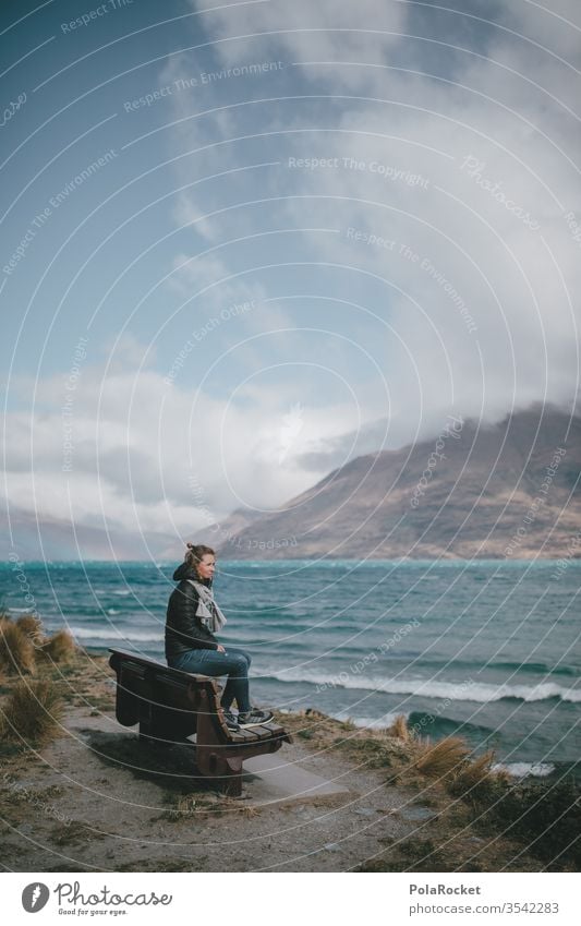 #As# Woman on bench Lake Lakeside New Zealand New Zealand Landscape Nature Exterior shot Colour photo Mountain Vacation & Travel Sky Peak Water