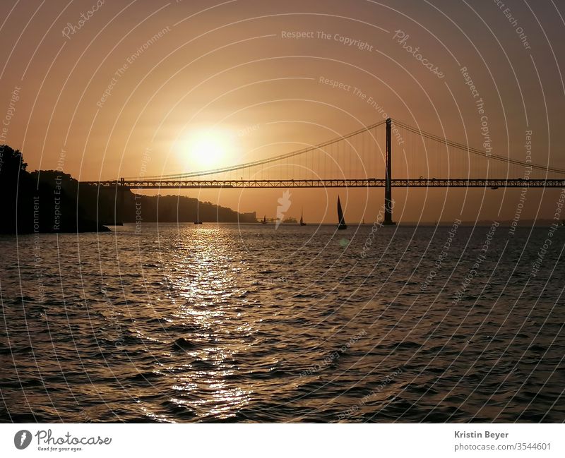 Sunset with water and bridge Exterior shot Colour photo Water Tejo Sky Landscape Sunbeam Reflection Twilight Evening Tejo Bridge River bank Sunlight Río Tajo