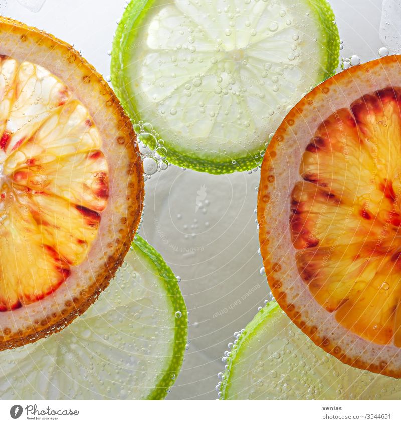 Oranges and limes float sliced on the surface of the water slices Water Surface of water green blow fruit Diet Nutrition Healthy Fresh Round Healthy Eating