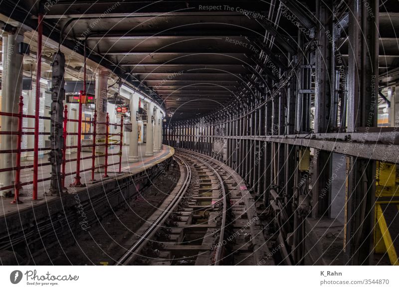 Subway tunnel in New York. Track Tunnel Station Underground Train Railroad Transport travel underground Town rail track Manhattan Americas capital city