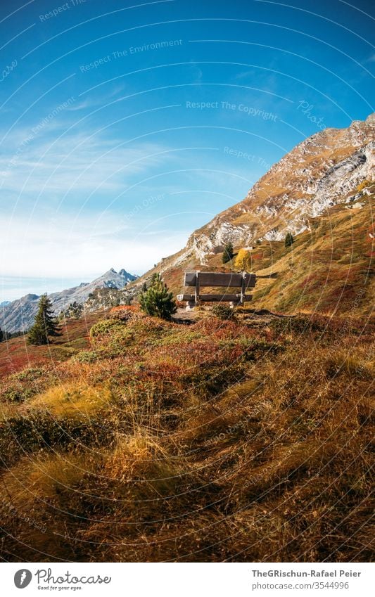 Wooden bench with view Engadine Higher Engadin Bench Vantage point Autumn Mountain Maloya along the elevation Hiking