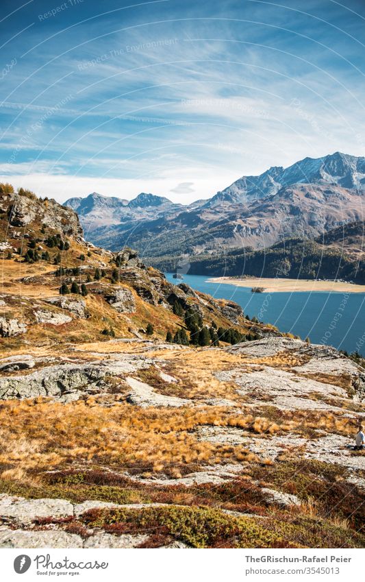 mountains with lake view Higher Engadin along the elevation Hiking Mountain Alps Rock Landscape Nature Vacation & Travel Panorama (View) Day Tourism Clouds Peak