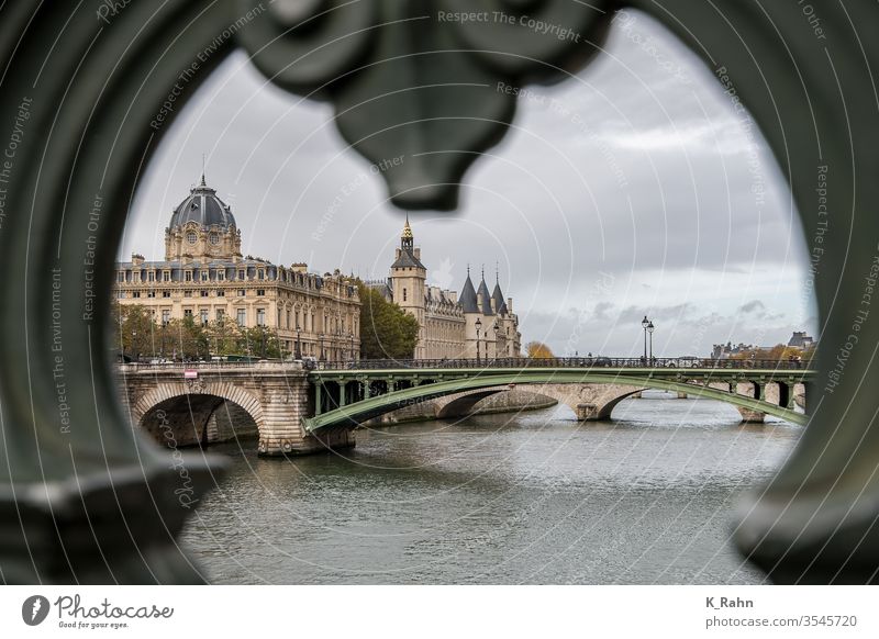 The Paris Conciergerie deal panorama Seine bridge notre Lady island background Water Silhouette Lock France French Architecture palaces Tourism Attraction court