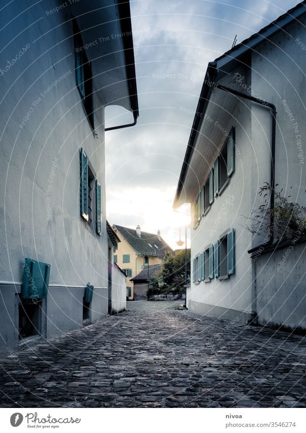 Dorfgasse Street Village Switzerland Lake zurich Colour photo Blue Reflection Dark Town Sky Exterior shot Architecture Evening Shadow Black Light Building