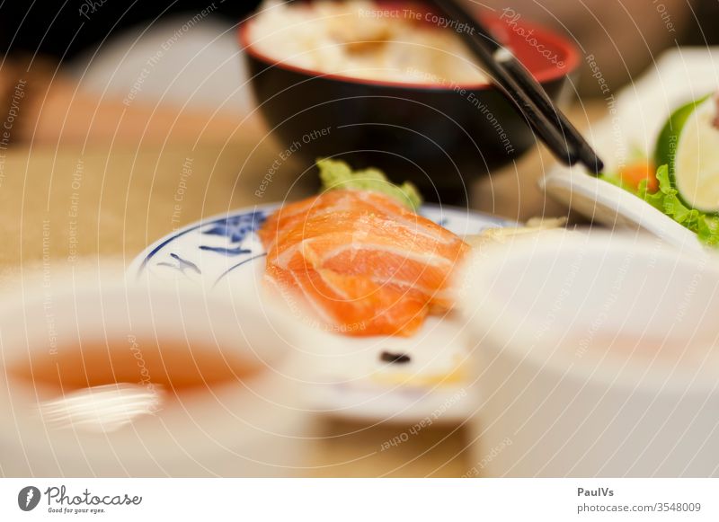 Salmon on the plate Asia Eating Sushi chopsticks Taiwan cake Rice Fish Japan nigiri Seafood Food Healthy Chopstick Ginger Dinner Restaurant Taiwanese