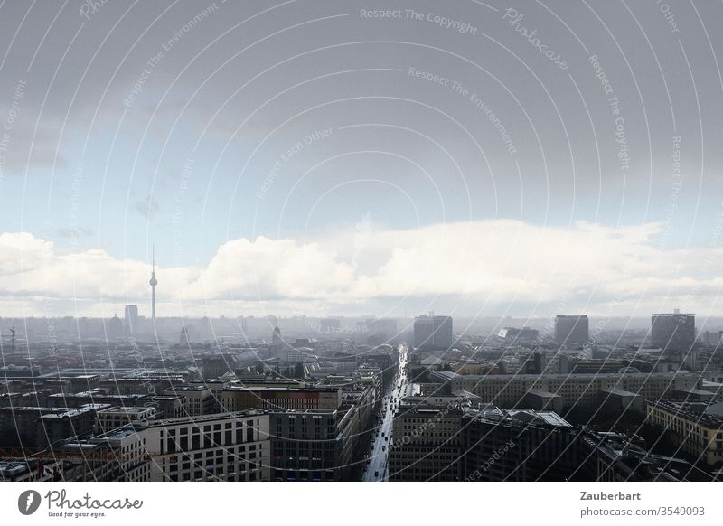 View over Berlin-Mitte with rain cloud during a shower Downtown Berlin Television tower Leipziger Straße leipziger place Rain downpour Rain Cloud Clouds Horizon