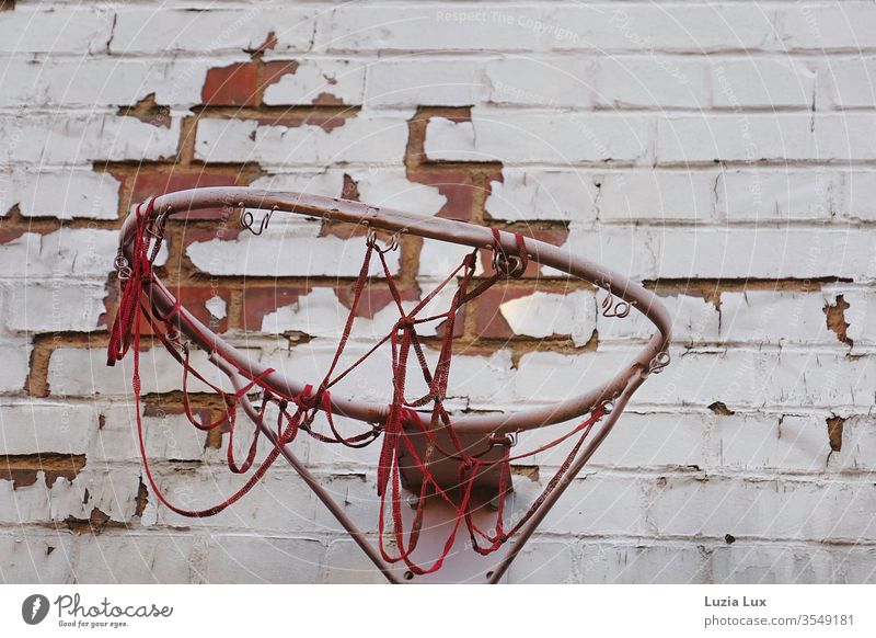 Basketball, old, crooked and red Basketball basket Wall (building) slanting Old Red Net Facade Colour Brick Brick wall Brick facade evening light Deserted