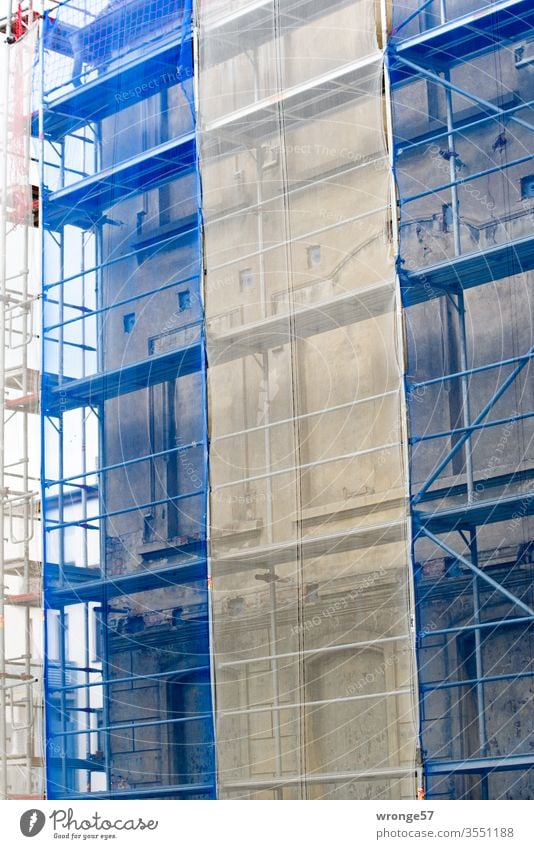 blue-white covering Scaffolding Day Close-up Exterior shot Multicoloured Colour photo Deserted Renewal Construction site Blue-white Net Living or residing