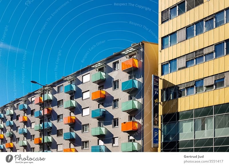 Colourful house facades Architecture Graz Streetphoto variegated Facade Exterior shot Exceptional motley Balcony Window Glazed facade Blue sky High-rise City