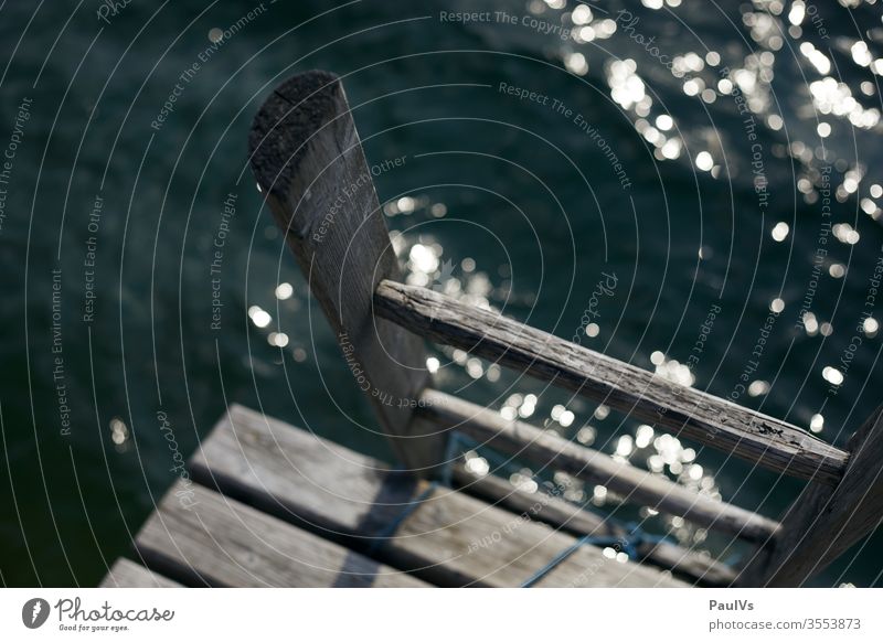 Ladder into the lake at the footbridge at Mondsee in Salzkammergut Footbridge Water Swimming lake Wet Summer vacation moon lake Wooden ladder