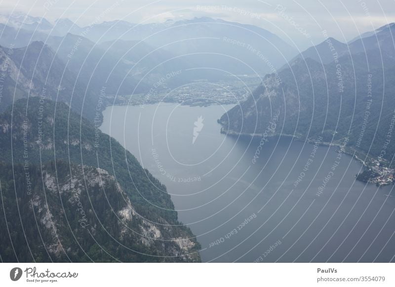 View of the Traunsee from the Traunstein in the direction of Ebensee panorama Salzkammergut Austria Upper Austria Salzkammergut lakes Alpine Panorama (View)