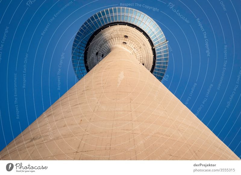 Düsseldorf Television Tower Central perspective Deep depth of field Sunrise Sunbeam Sunlight Contrast Light Day Dawn Morning Copy Space bottom Copy Space top