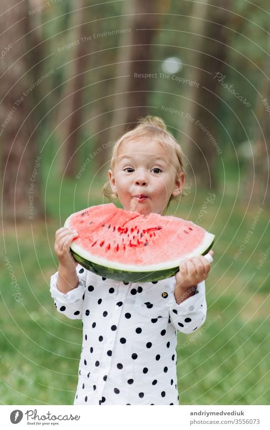 cute little girl eating big piece of watermelon on the grass in summertime. Adorable little girl playing in the garden biting a slice of watermelon. selective focus