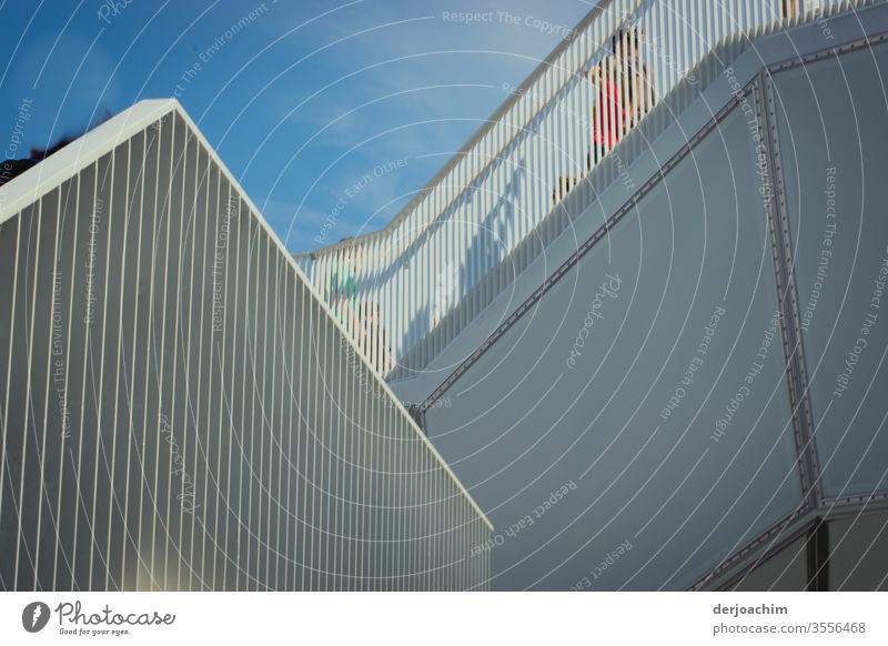 A staircase in the Wolkenhain ,Berlin - Marzahn .concrete, lattice, blue sky and shadows of people. rail Colour photo Deserted Day Architecture Exterior shot