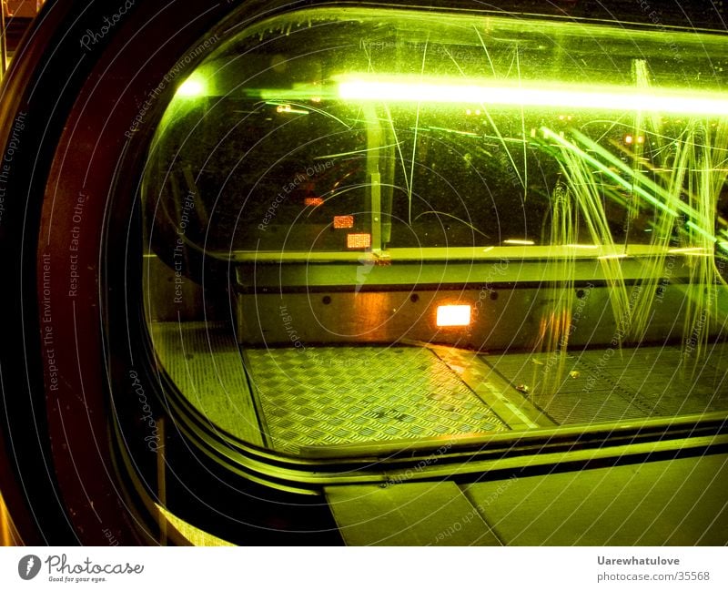 Escalator Style Underground London Underground Neon light Light Scratch mark Green Night Transport Glass reflection Orange Modern Movement