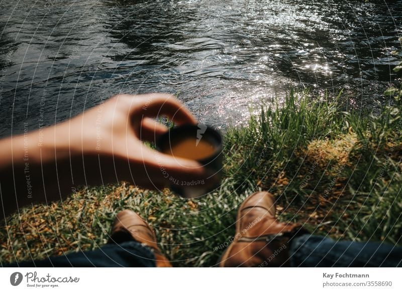 Coffee drinking in the nature flavor backpacker Breakfast Brown Café Camping Cup Drinking To enjoy Freedom Grass green Happiness Participation Public Holiday