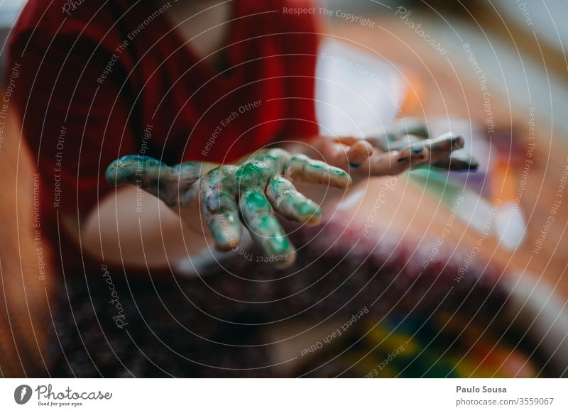 Close up child painted hands Green Painted Hand Child Close-up Fingers Colour photo Art Multicoloured Painter Shallow depth of field Painting (action, artwork)