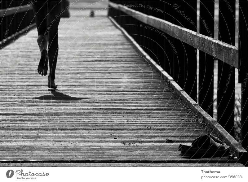 nothing like... pure! Human being Masculine Child Boy (child) Legs 1 8 - 13 years Infancy Beautiful weather Lakeside Footbridge Swimming trunks Wood Relaxation