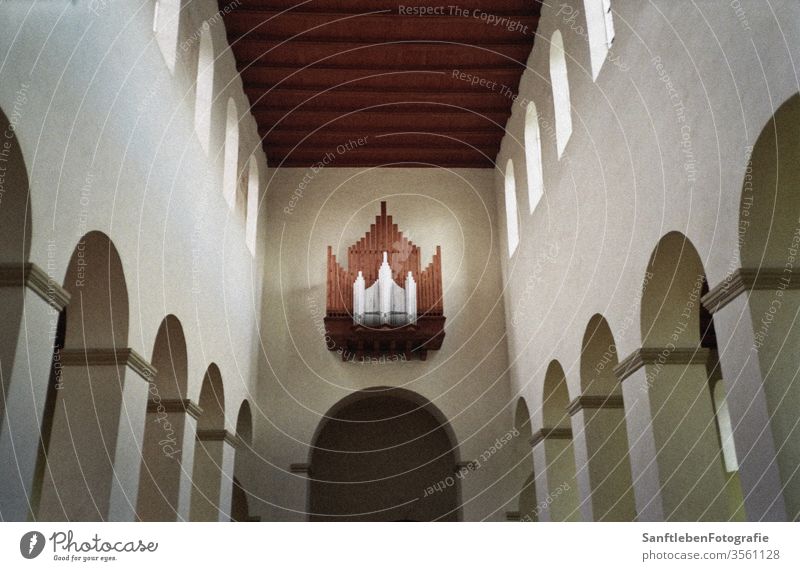 Church interior Organ Nave Central perspective Romanesque Romansh Sanctuary Light architectural details Architecture and buildings Belief Prayer Pentecost