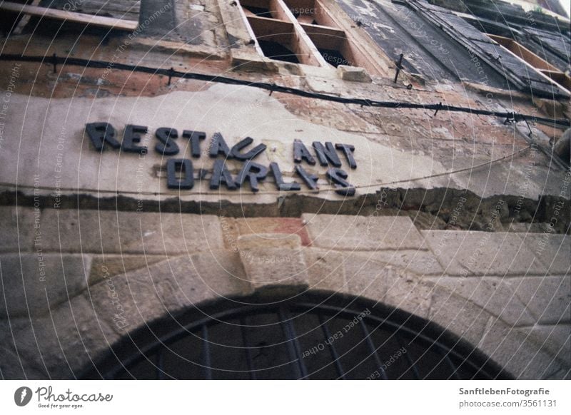 Abandoned restaurant Restaurant Deserted Gastronomy Colour photo Exterior shot Closed Sidewalk café Typography Decline Photos of everyday life Broken Transience