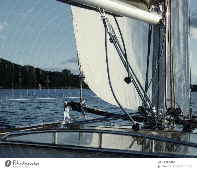 Sailboat, mast, main boom and jib, sailing on the Tegeler See in Berlin in a light breeze Pole large tree Tree vang Self tacking jib running rigging Lake