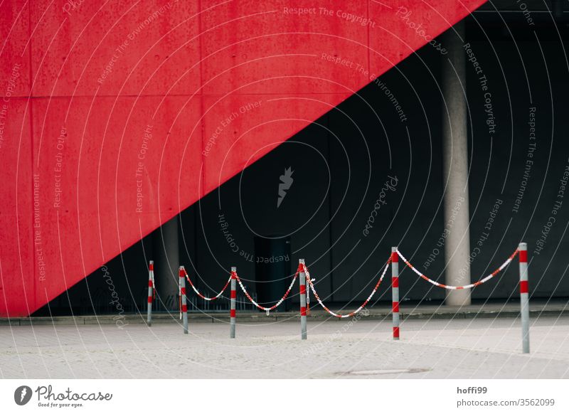 Barrier in front of exhibition hall in red and white cordon Reddish white Chain White Bans Protection Safety Structures and shapes Signs and labeling Fence Line