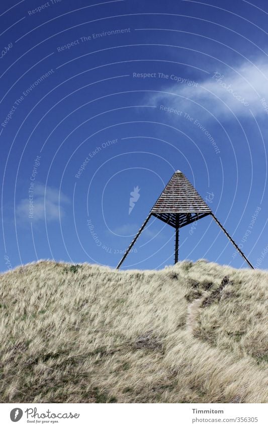 A navigation mark. Vacation & Travel Environment Nature Landscape Plant Sky Beautiful weather Marram grass Dune Denmark Wood Metal Signage Warning sign