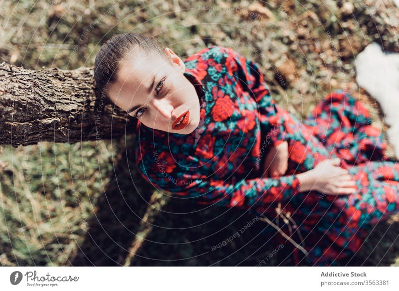 Unhappy woman in stylish dress sitting under tree unhappy sad style upset colorful lonely autumn female forest fashion red park young makeup brunette trendy