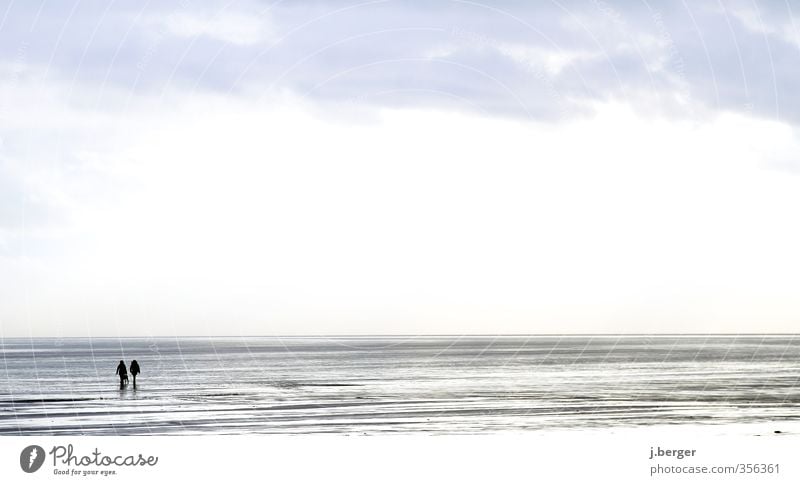 Water march Human being Couple 2 Nature Landscape Elements Sky Clouds Horizon Waves Coast Beach North Sea Pedestrian Going Walking Blue Gray White Friendship