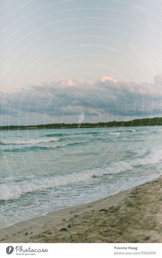 Beach, sea, mountains, sky and clouds Sand Ocean Water Waves Surf Coast Sky Blue Clouds Horizon Nature Far-off places Deserted Landscape White Beautiful weather