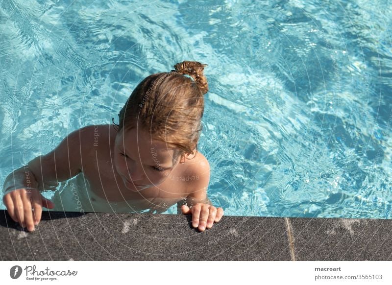 swimming in the pool bathing season Beginning Swimming pool swimming pools girl Stand feet . feet Dress Blue Sky blue bathe chill Holiday season warm