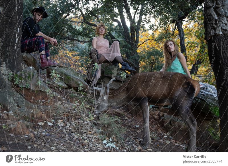 Two beautiful bohemian girls and a young man with a deer in a forest background joy park fun leisure pretty cool stylish autumn leaves dress romance country