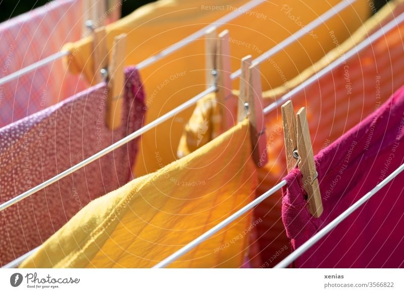 Summer laundry - clothes in yellow and pink hang on the clothes rack Laundry garments clothespin Hallstand Yellow Pink Dry Clothesline Washing day Household