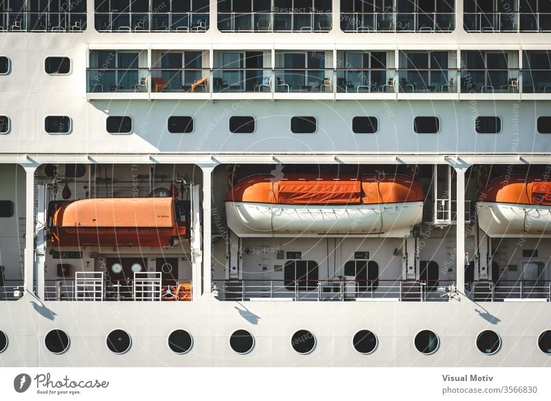 Detail of the deck of a transatlantic cruise color white outdoor outdoors exterior sea boat transportation travel vacation tour ship luxury side large passenger