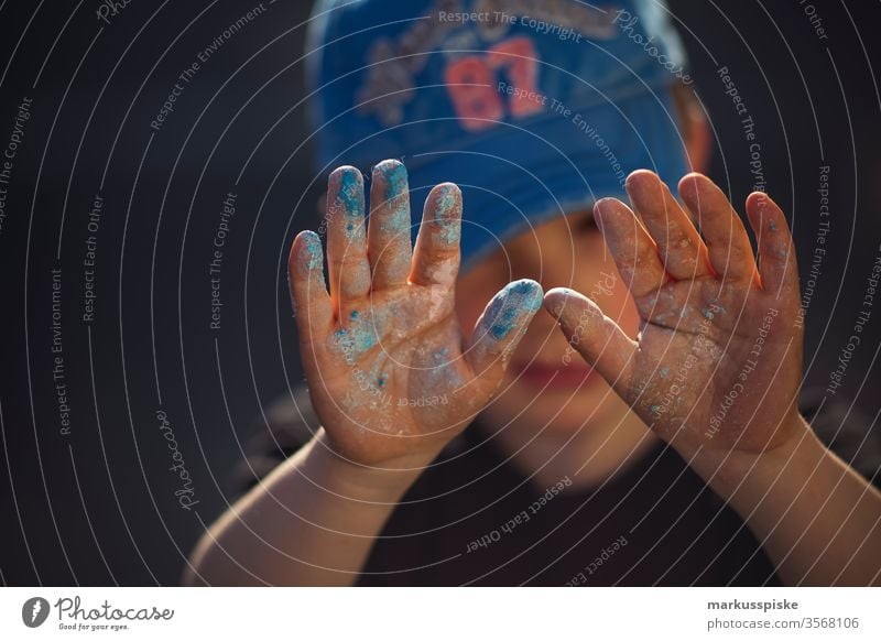 Child with crayon on his hands Boy (child) Hands up! Dirty Painting (action, artwork) Painted Kindergarten