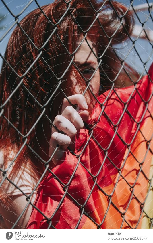 Young sad woman covering by a rain bow flag lgbti gay pride forbidden homosexual lesbian color colorful outdoor social issue gender equality society free hiden